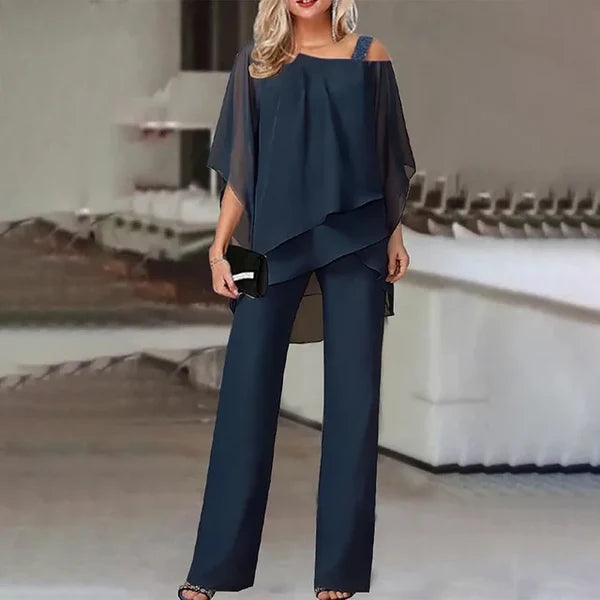 dames elegante jumpsuit met open schouder in donkerblauw