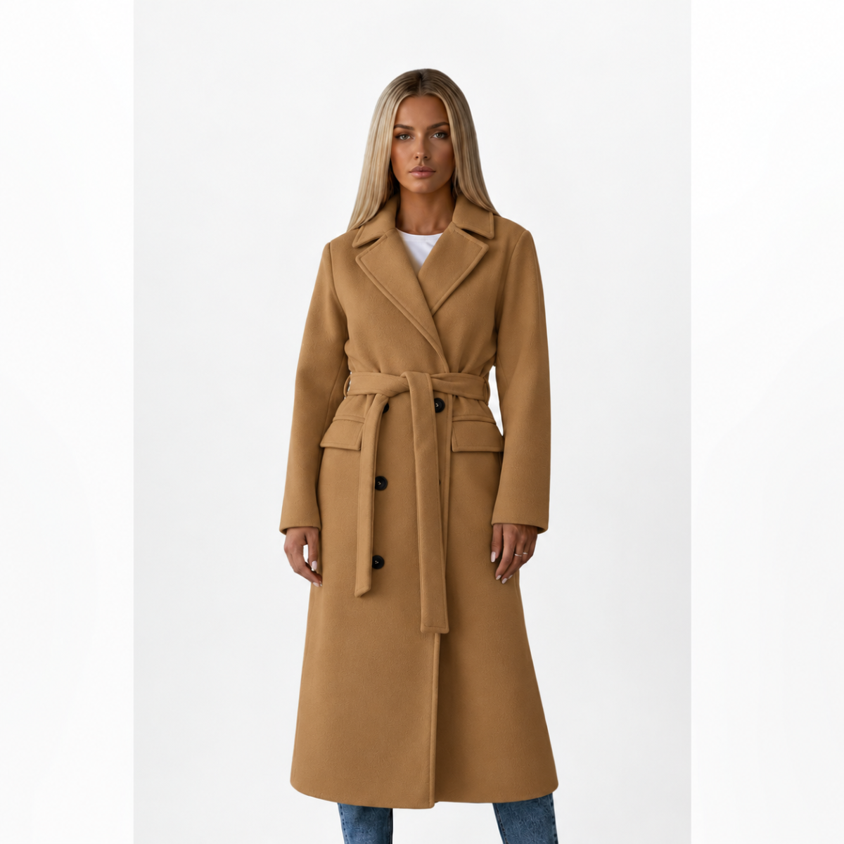 dames lange jas met dubbele knopenrij en ceintuur camel
