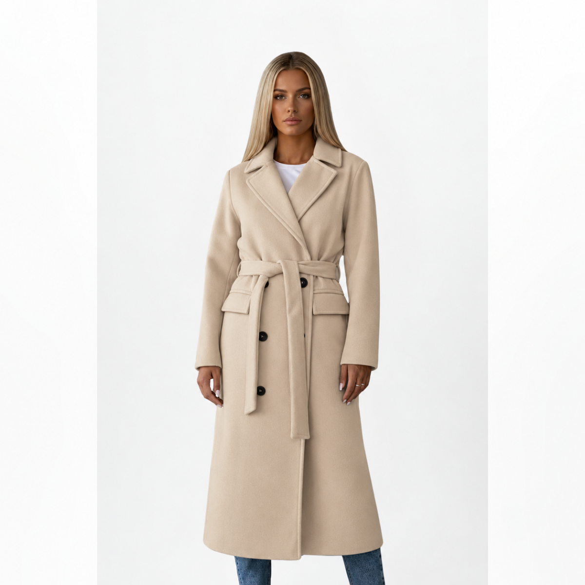 dames lange jas met dubbele knopenrij en ceintuur creme