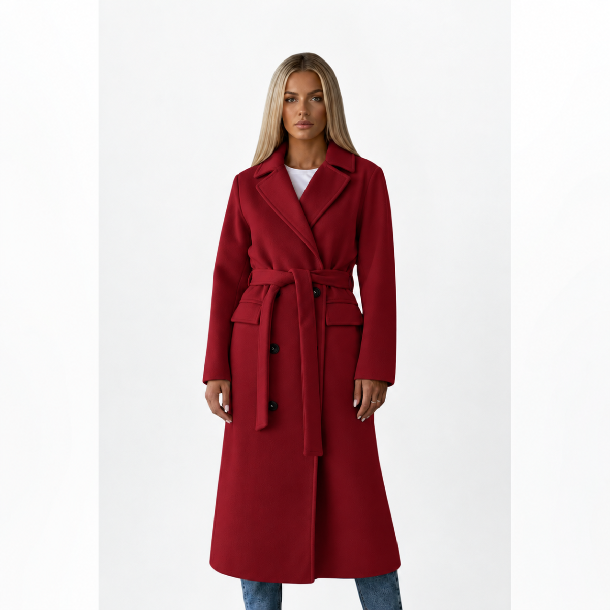 dames lange jas met dubbele knopenrij en ceintuur red
