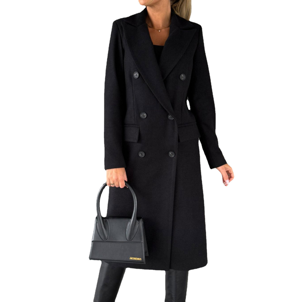dames lange jas met revers en knoopsluiting in zwart