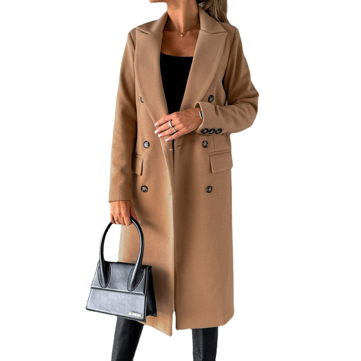 dames lange jas met revers en knoopsluiting in bruin