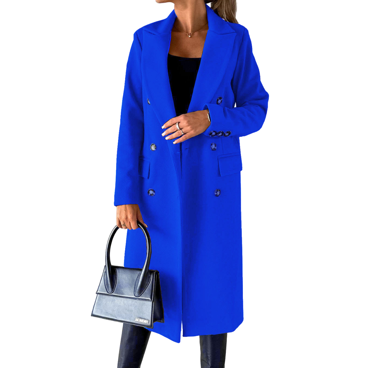 dames lange jas met revers en knoopsluiting in Blauw