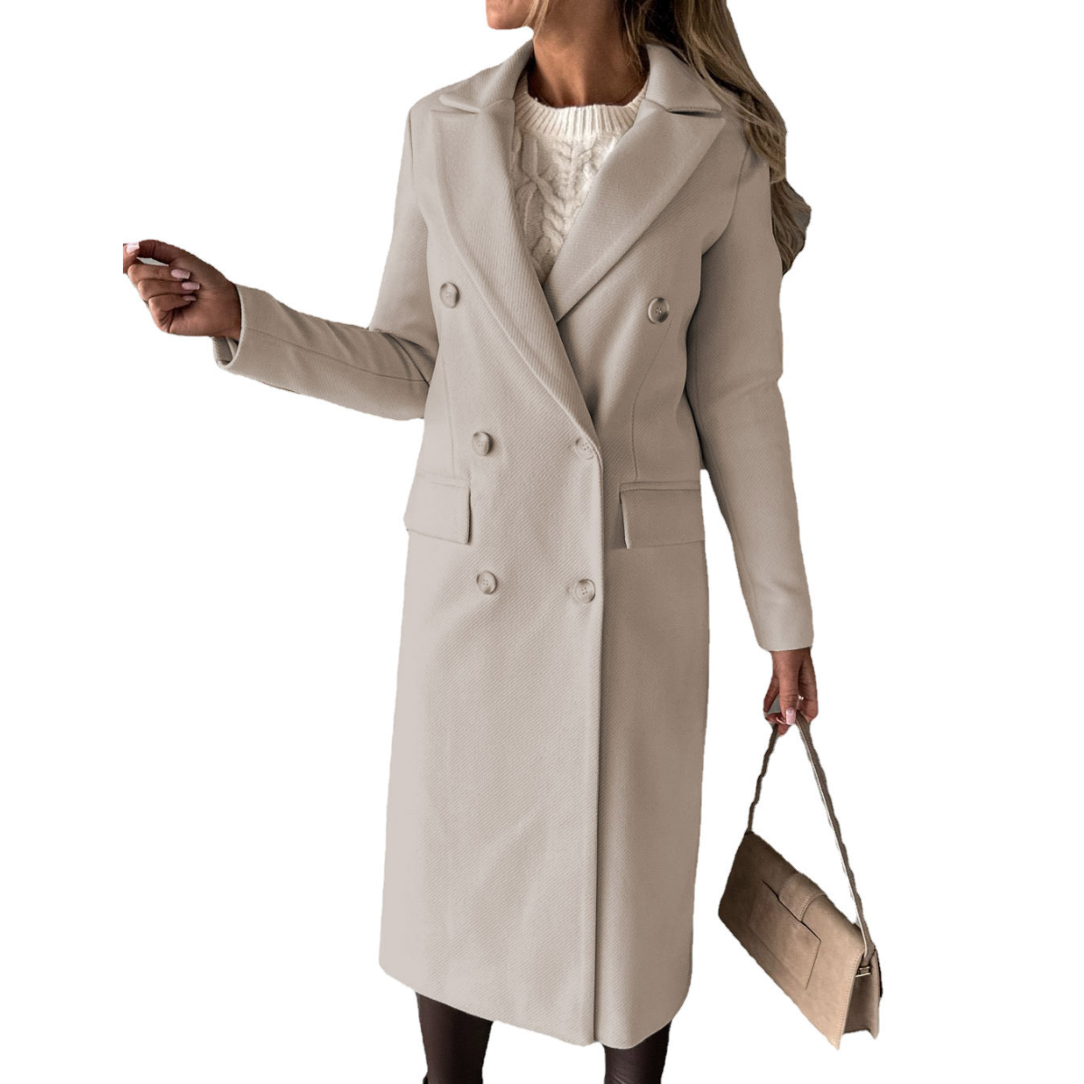 dames lange jas met revers en knoopsluiting in beige