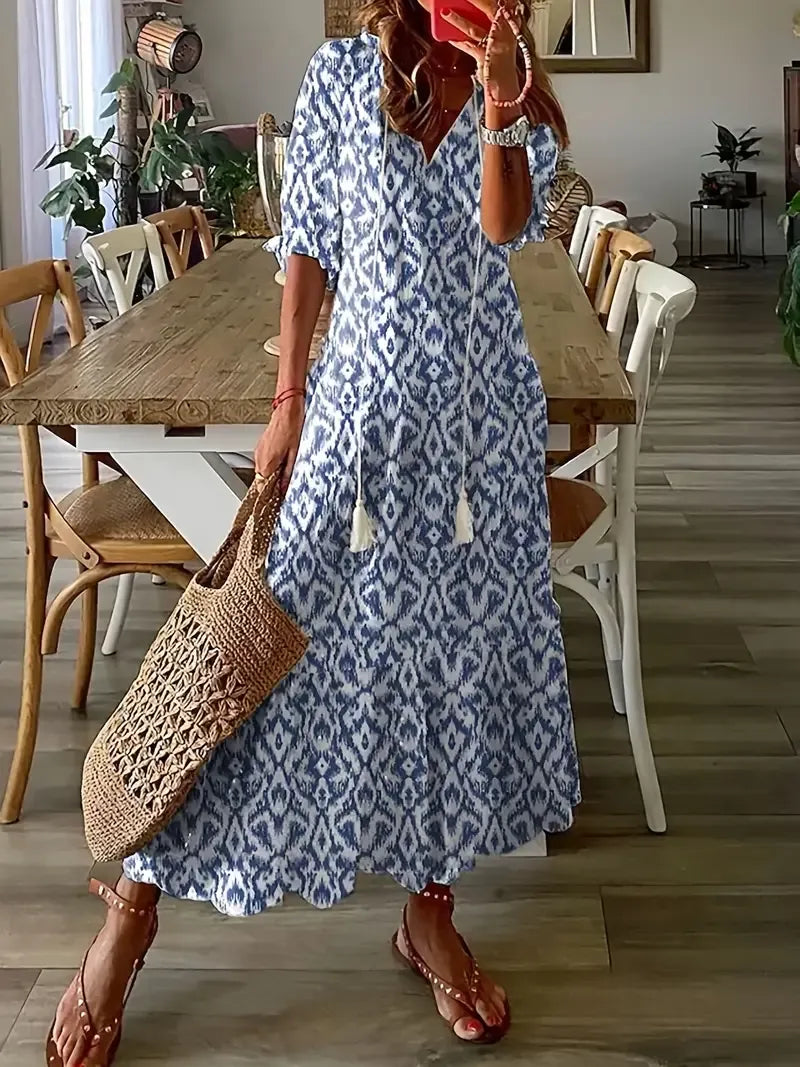 dames lange zomerjurk met v-hals en print in Bleu