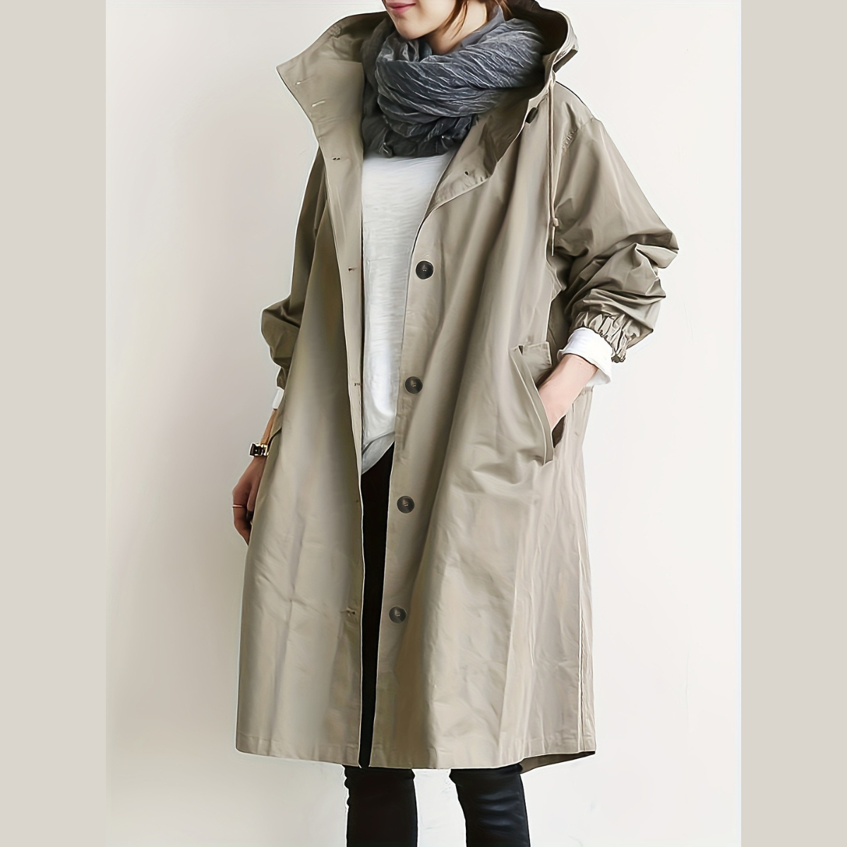 dames trenchcoat met capuchon in abrikoos