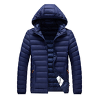 heren gewatteerde jas met capuchon in blauw
