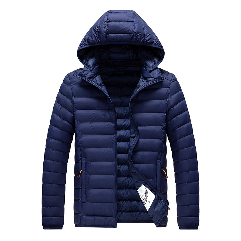 heren gewatteerde jas met capuchon in blauw
