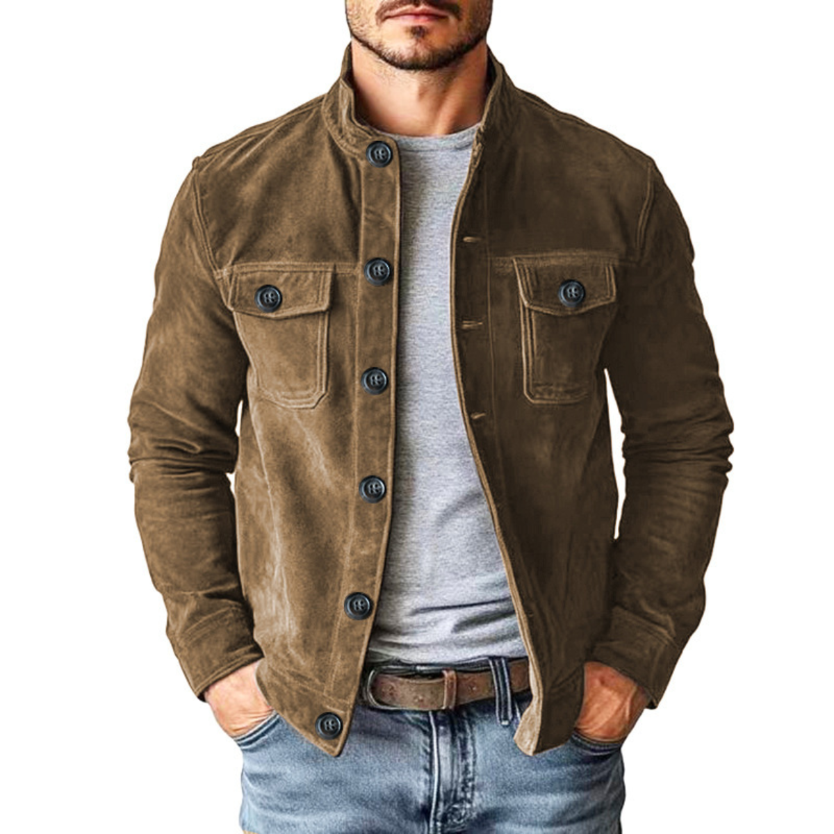 heren overshirt met hemdkraag en knoopsluiting in lichtbruin