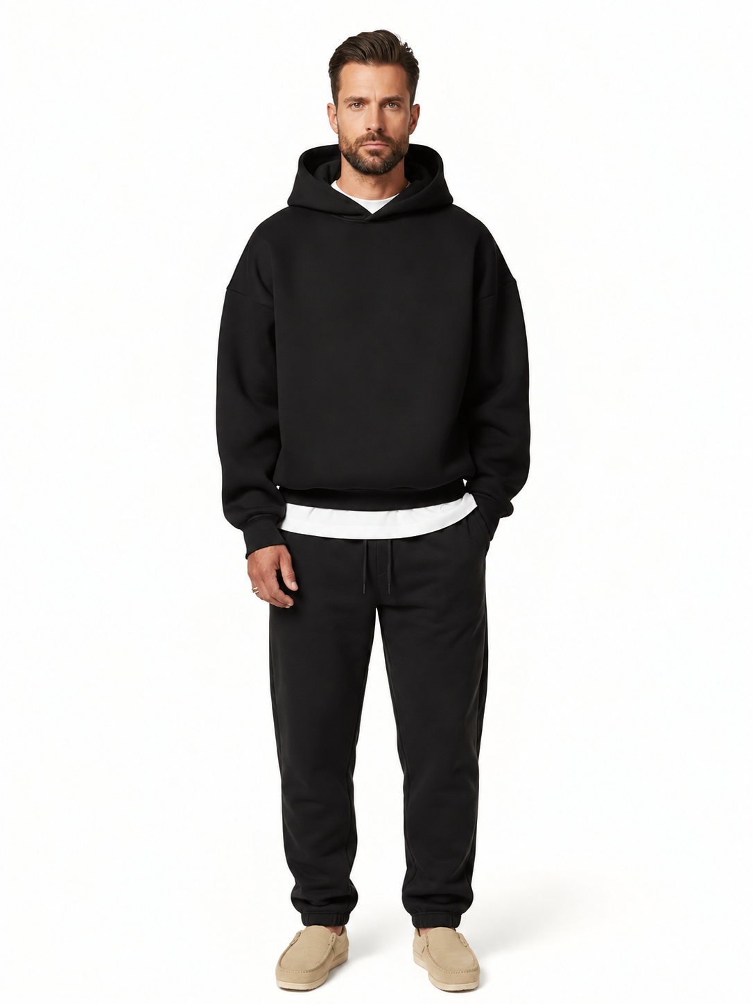 heren oversized hoodie set met wide leg joggingbroek in zwart