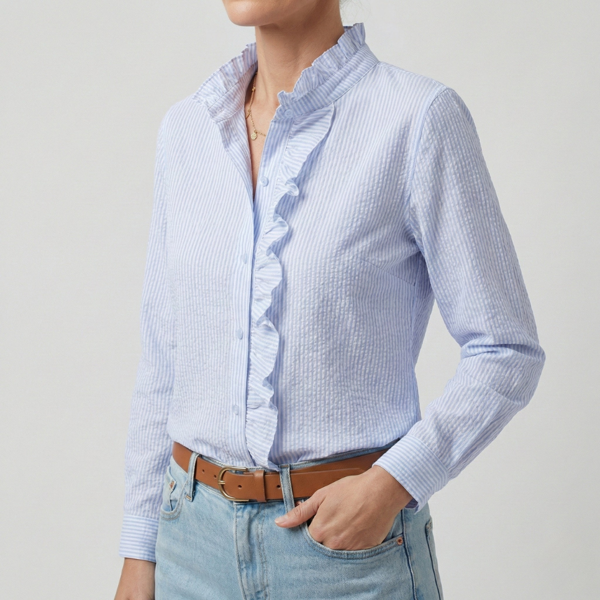 Refined Dames Blouse Met Ruches En Staande Kraag