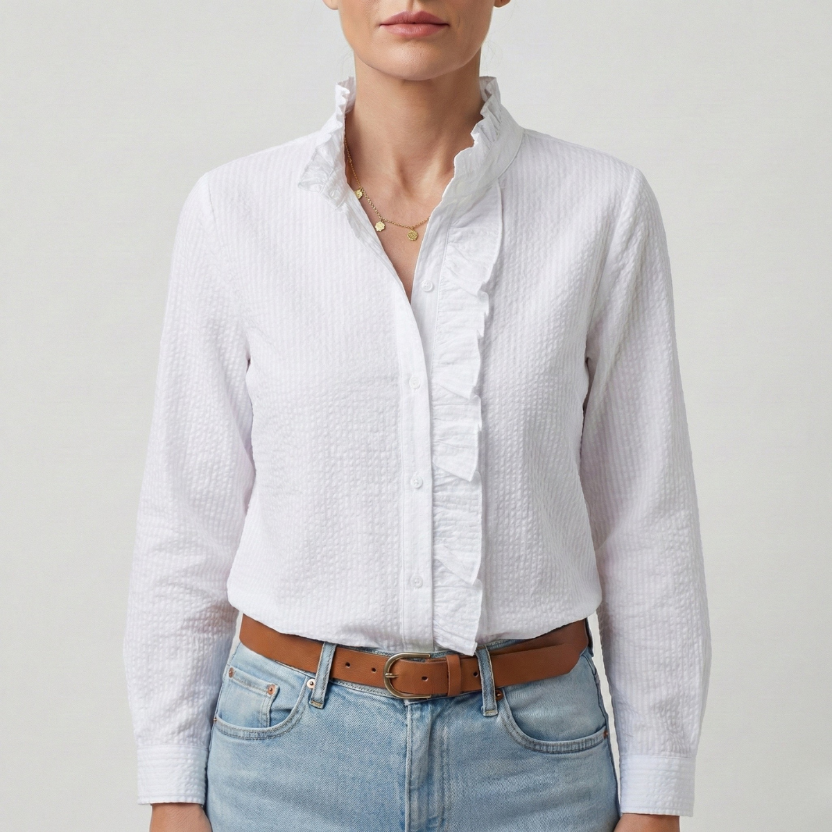 Refined Dames Blouse Met Ruches En Staande Kraag