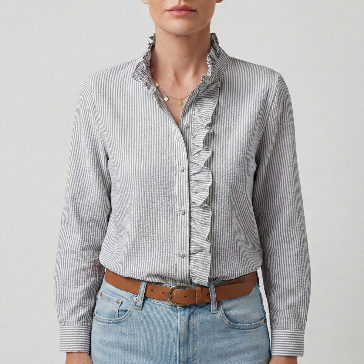 Refined Dames Blouse Met Ruches En Staande Kraag