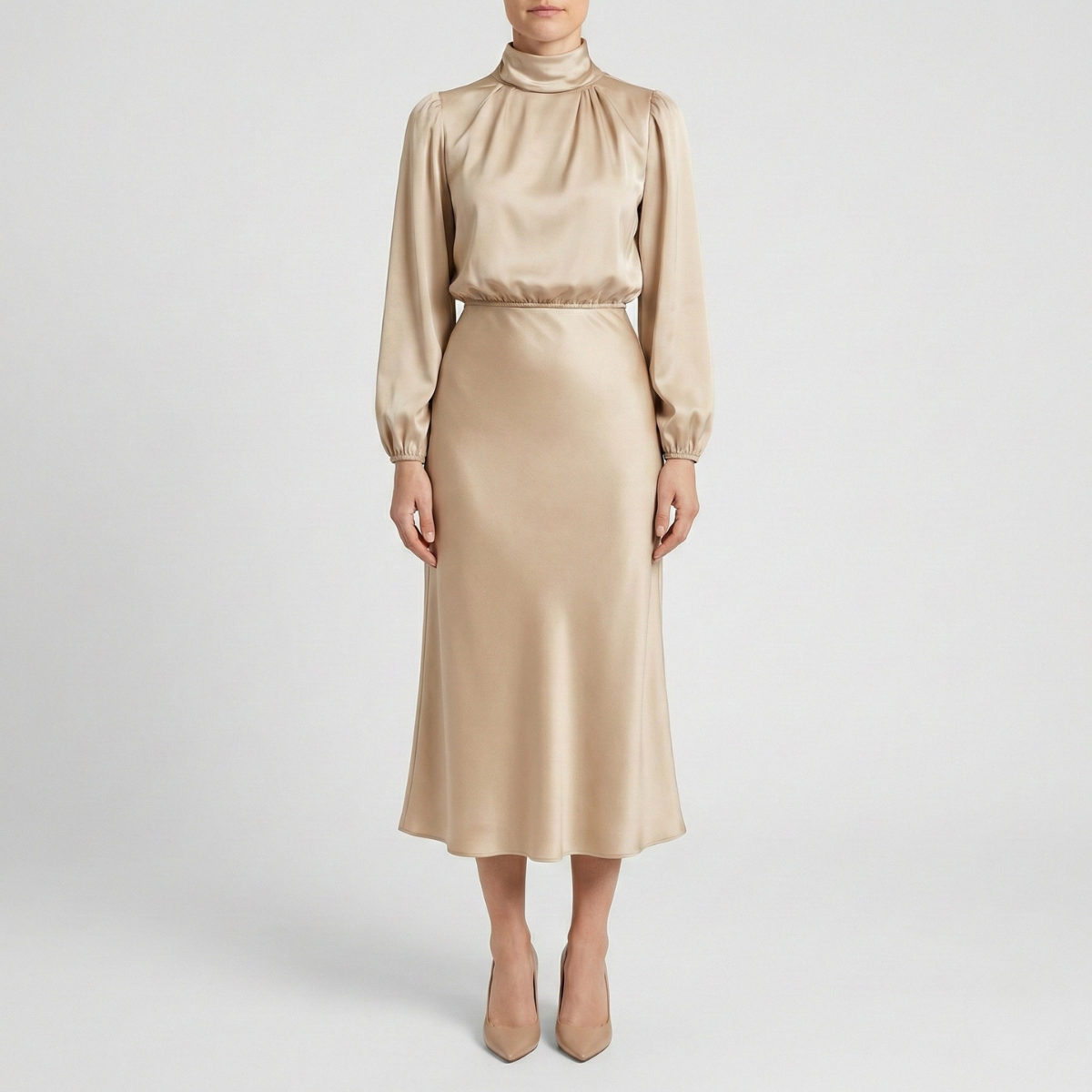 Refined Dames High Waist Midi Jurk met Lange Mouwen