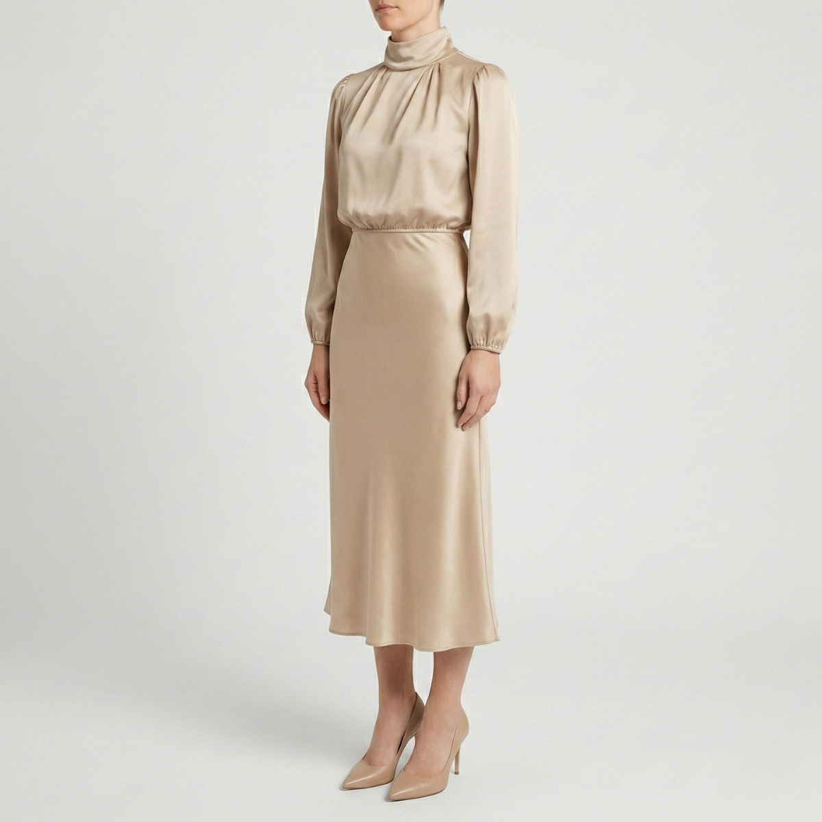 Refined Dames High Waist Midi Jurk met Lange Mouwen