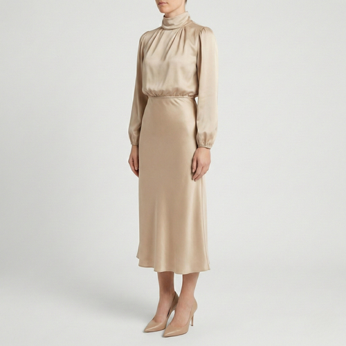 Refined Dames High Waist Midi Jurk met Lange Mouwen