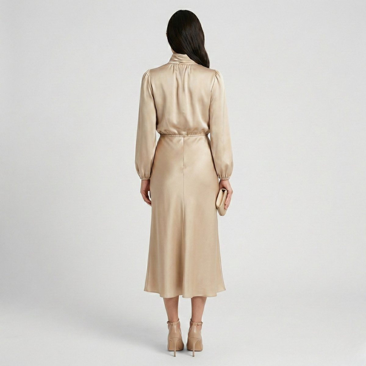 Refined Dames High Waist Midi Jurk met Lange Mouwen