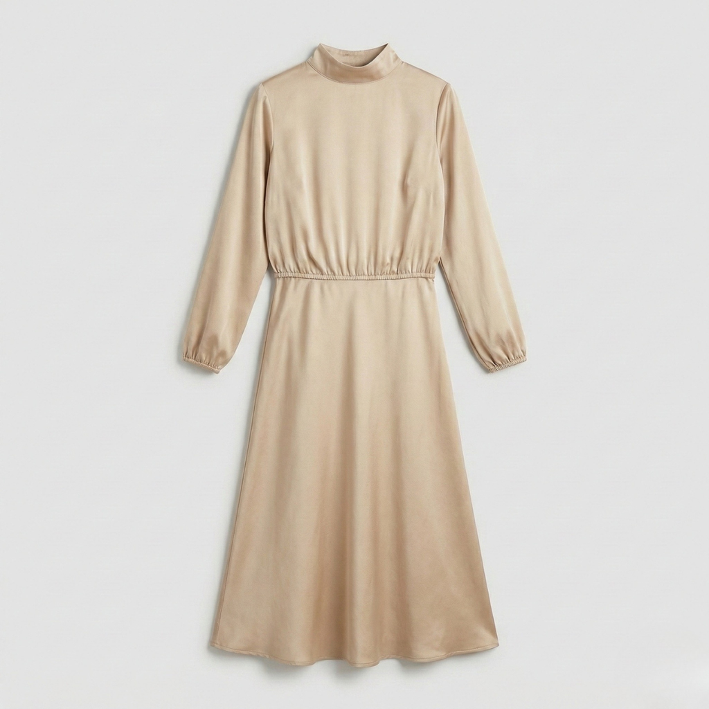 Refined Dames High Waist Midi Jurk met Lange Mouwen