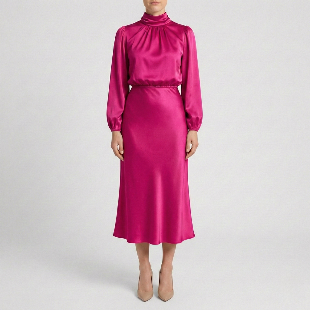 Refined Dames High Waist Midi Jurk met Lange Mouwen