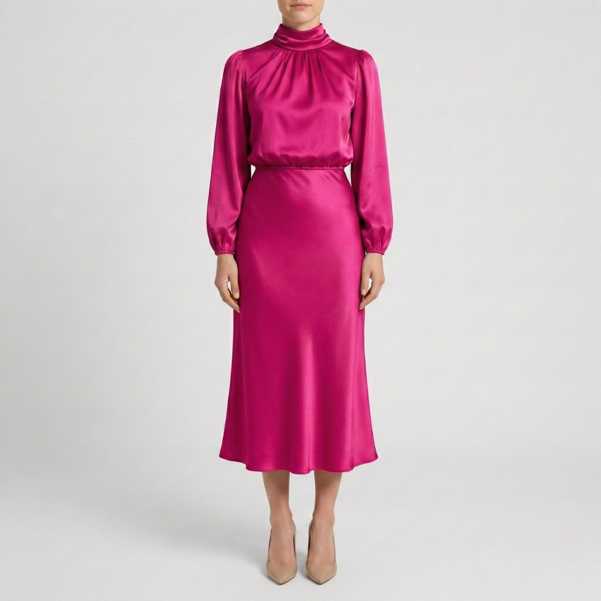 Refined Dames High Waist Midi Jurk met Lange Mouwen