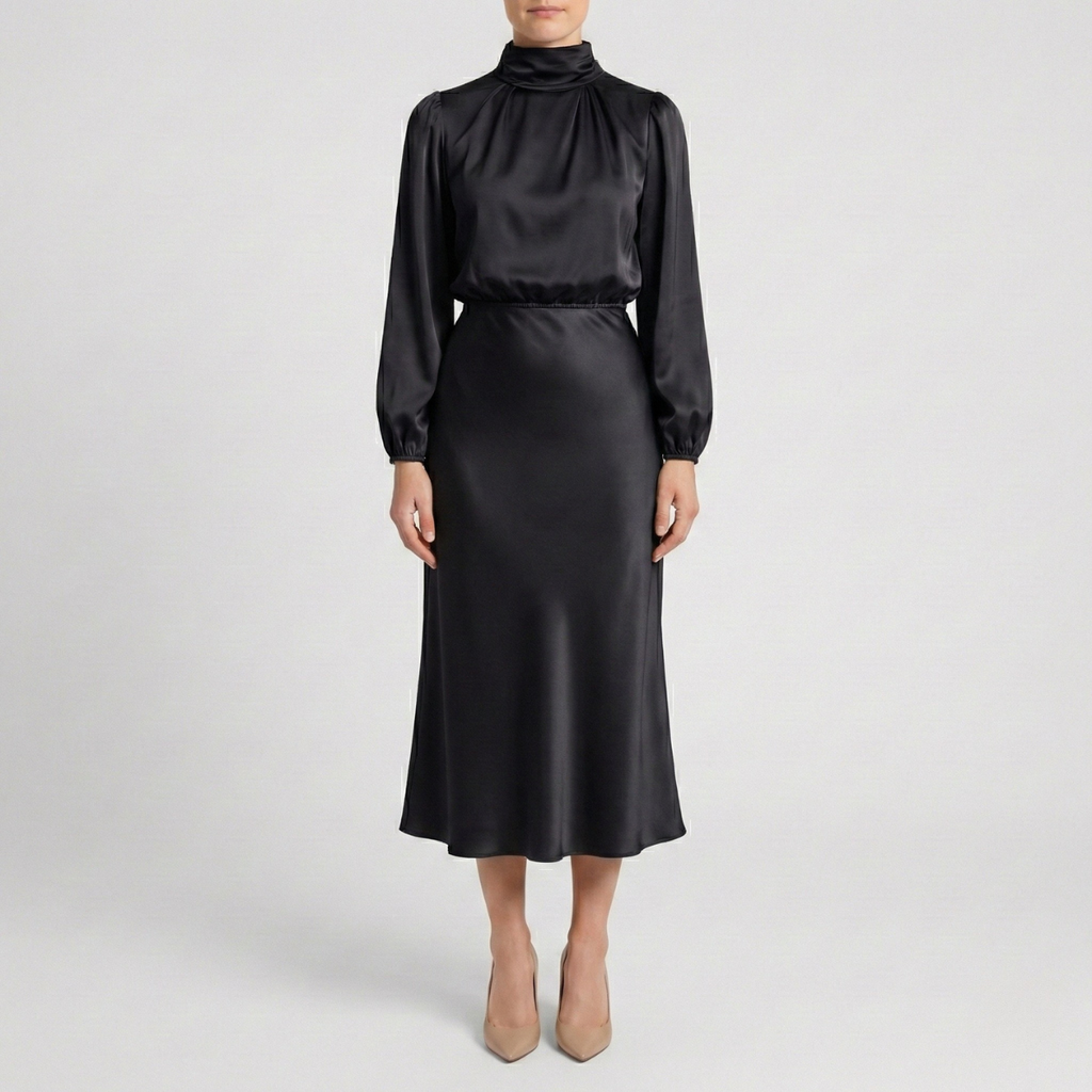 Refined Dames High Waist Midi Jurk met Lange Mouwen