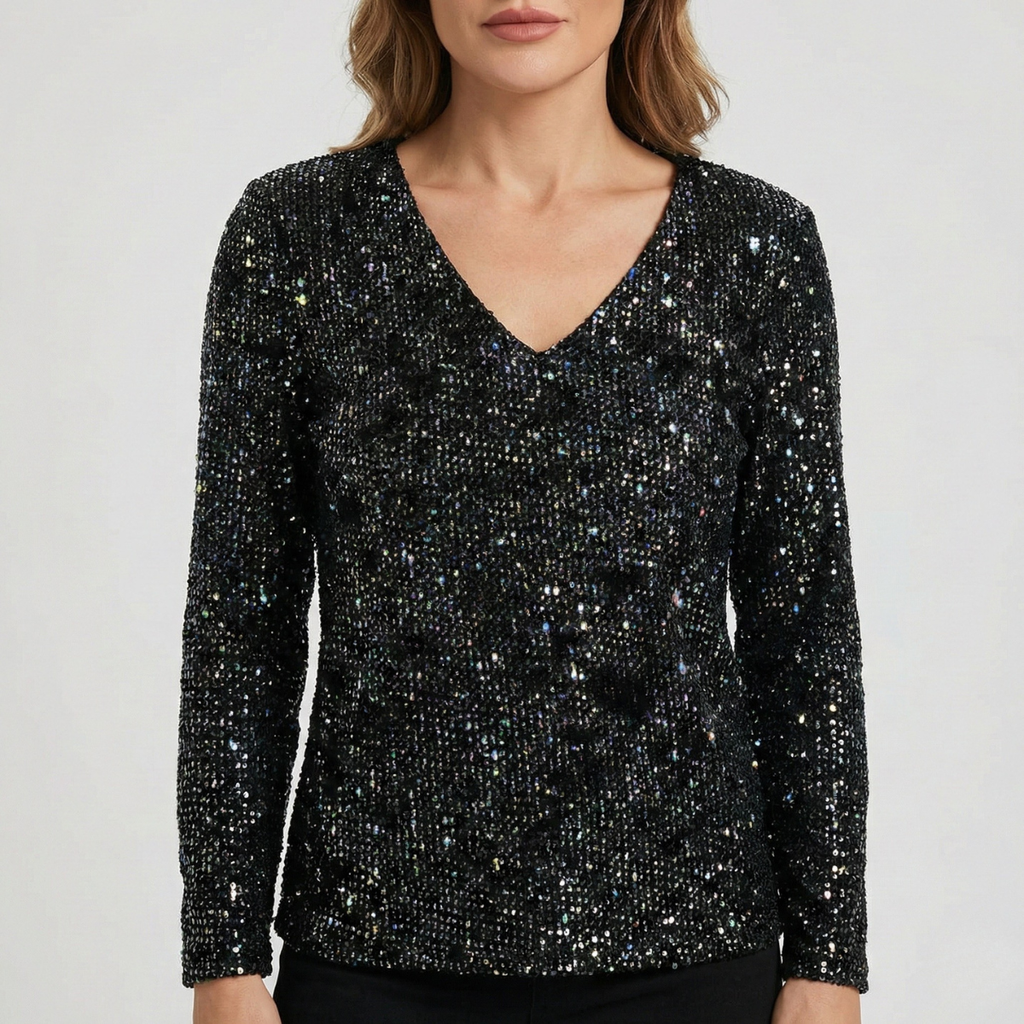 Refined Dames V-Hals Top met Lange Mouwen en Pailletten