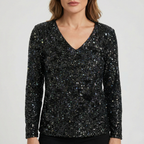 Refined Dames V-Hals Top met Lange Mouwen en Pailletten