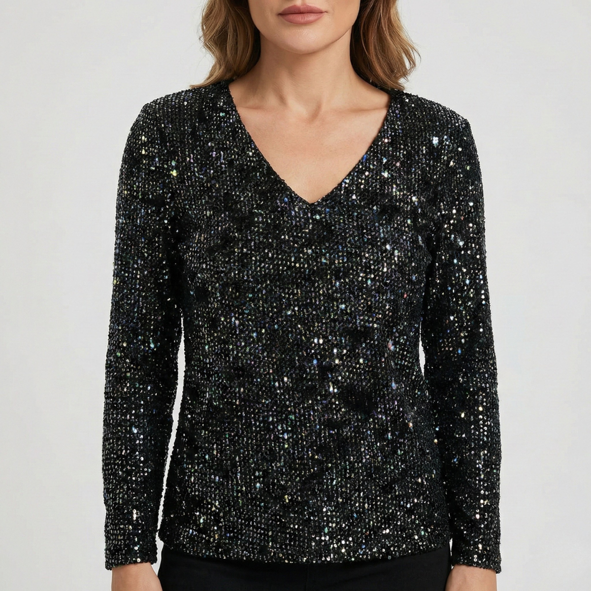 Refined Dames V-Hals Top met Lange Mouwen en Pailletten