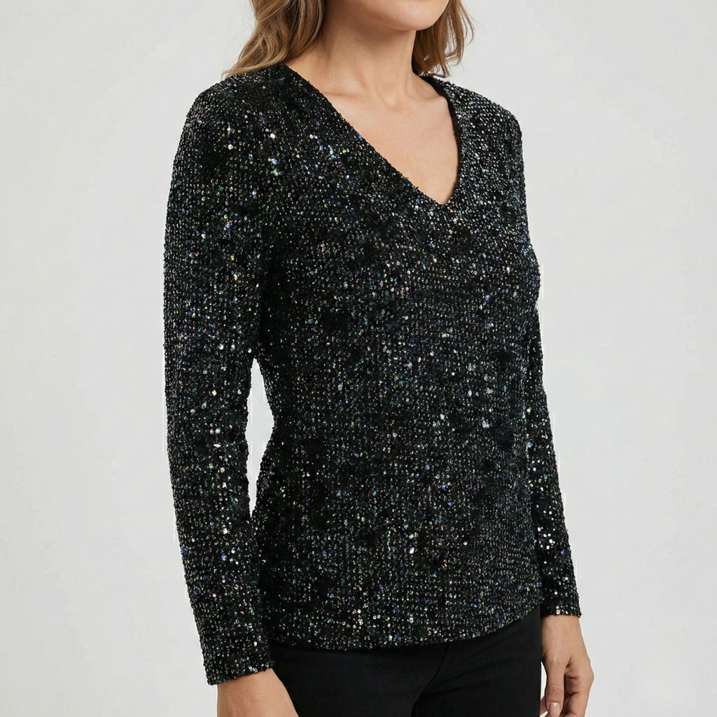 Refined Dames V-Hals Top met Lange Mouwen en Pailletten