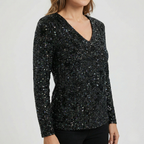 Refined Dames V-Hals Top met Lange Mouwen en Pailletten