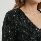 Refined Dames V-Hals Top met Lange Mouwen en Pailletten