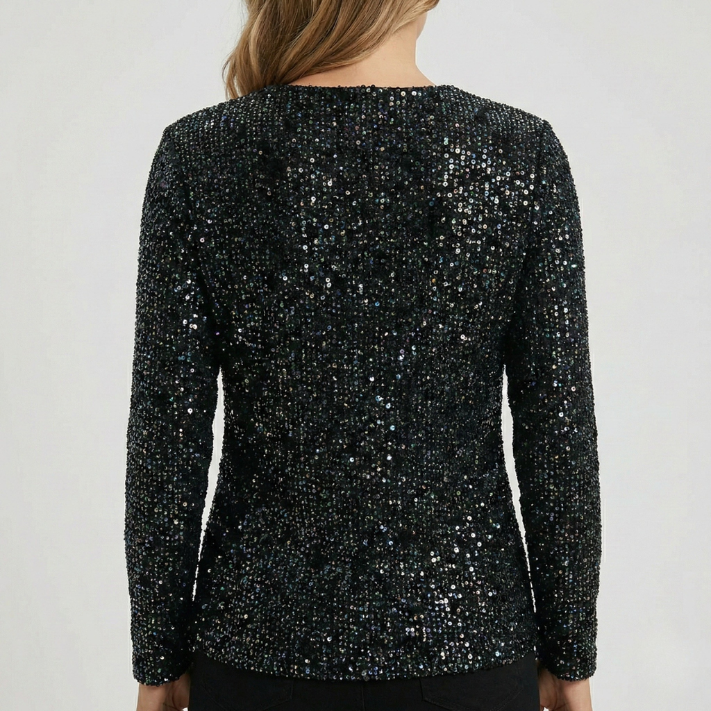 Refined Dames V-Hals Top met Lange Mouwen en Pailletten