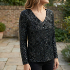 Refined Dames V-Hals Top met Lange Mouwen en Pailletten