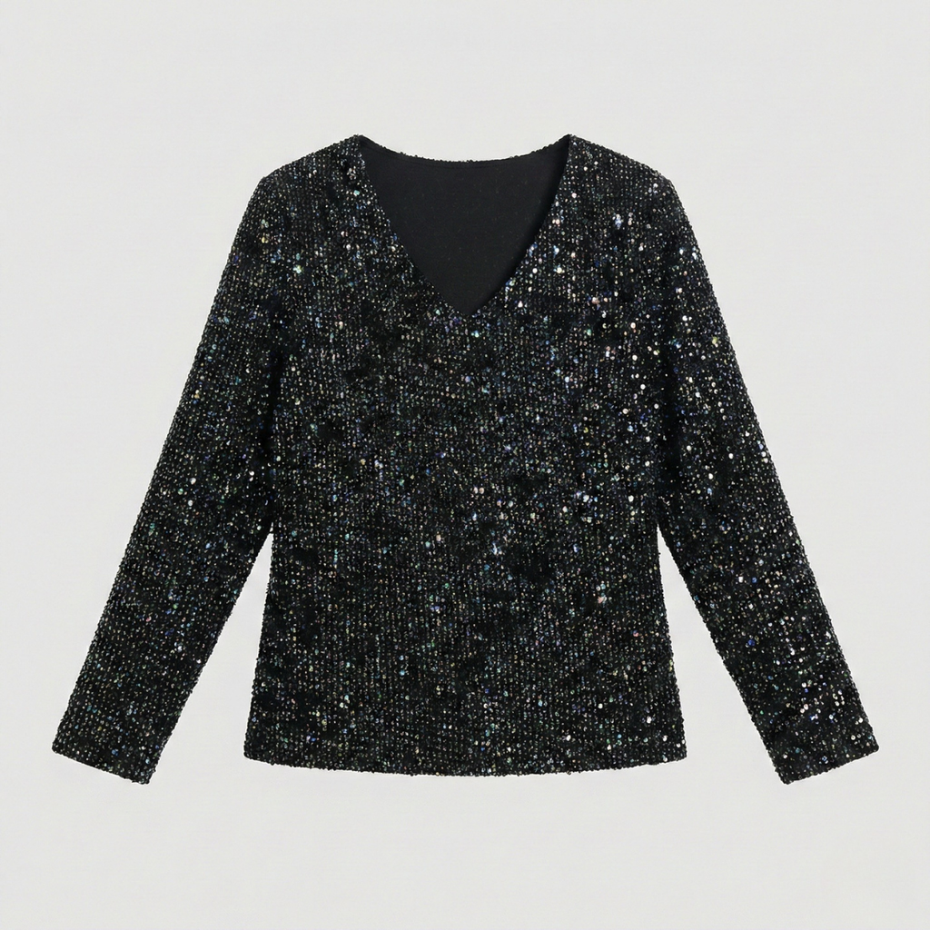 Refined Dames V-Hals Top met Lange Mouwen en Pailletten