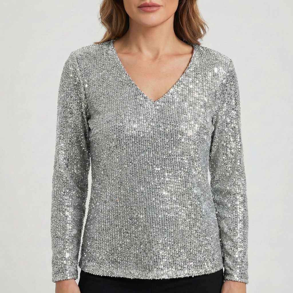 Refined Dames V-Hals Top met Lange Mouwen en Pailletten
