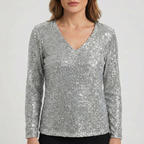 Refined Dames V-Hals Top met Lange Mouwen en Pailletten