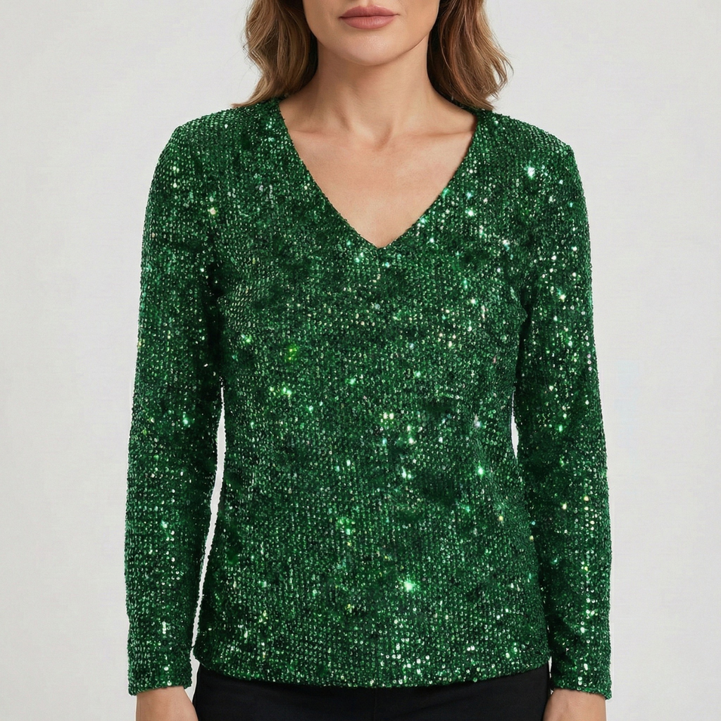 Refined Dames V-Hals Top met Lange Mouwen en Pailletten