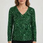 Refined Dames V-Hals Top met Lange Mouwen en Pailletten