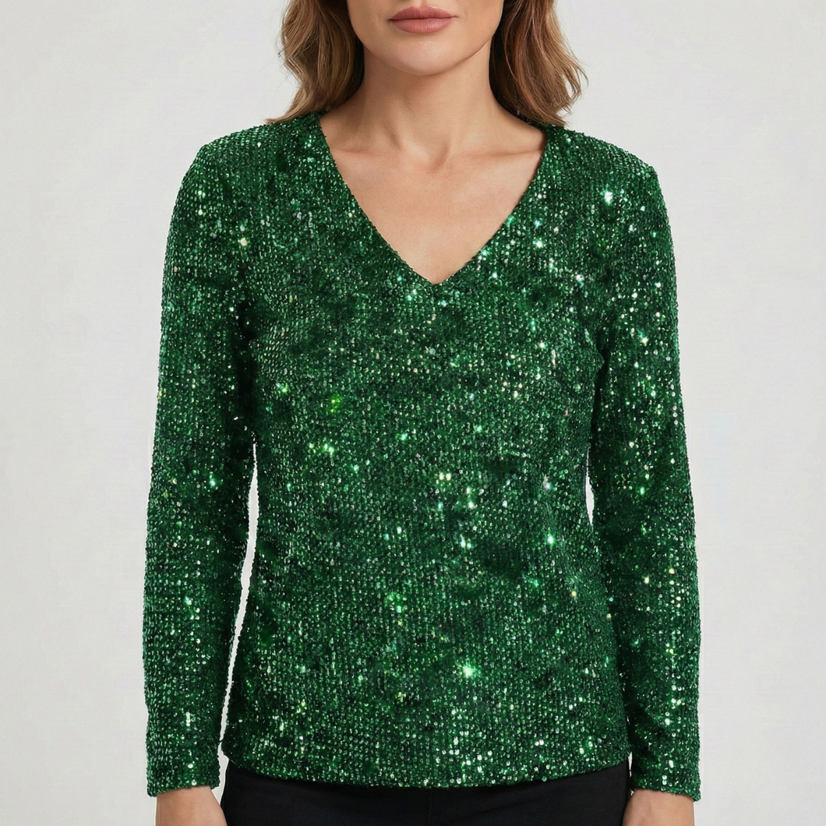 Refined Dames V-Hals Top met Lange Mouwen en Pailletten