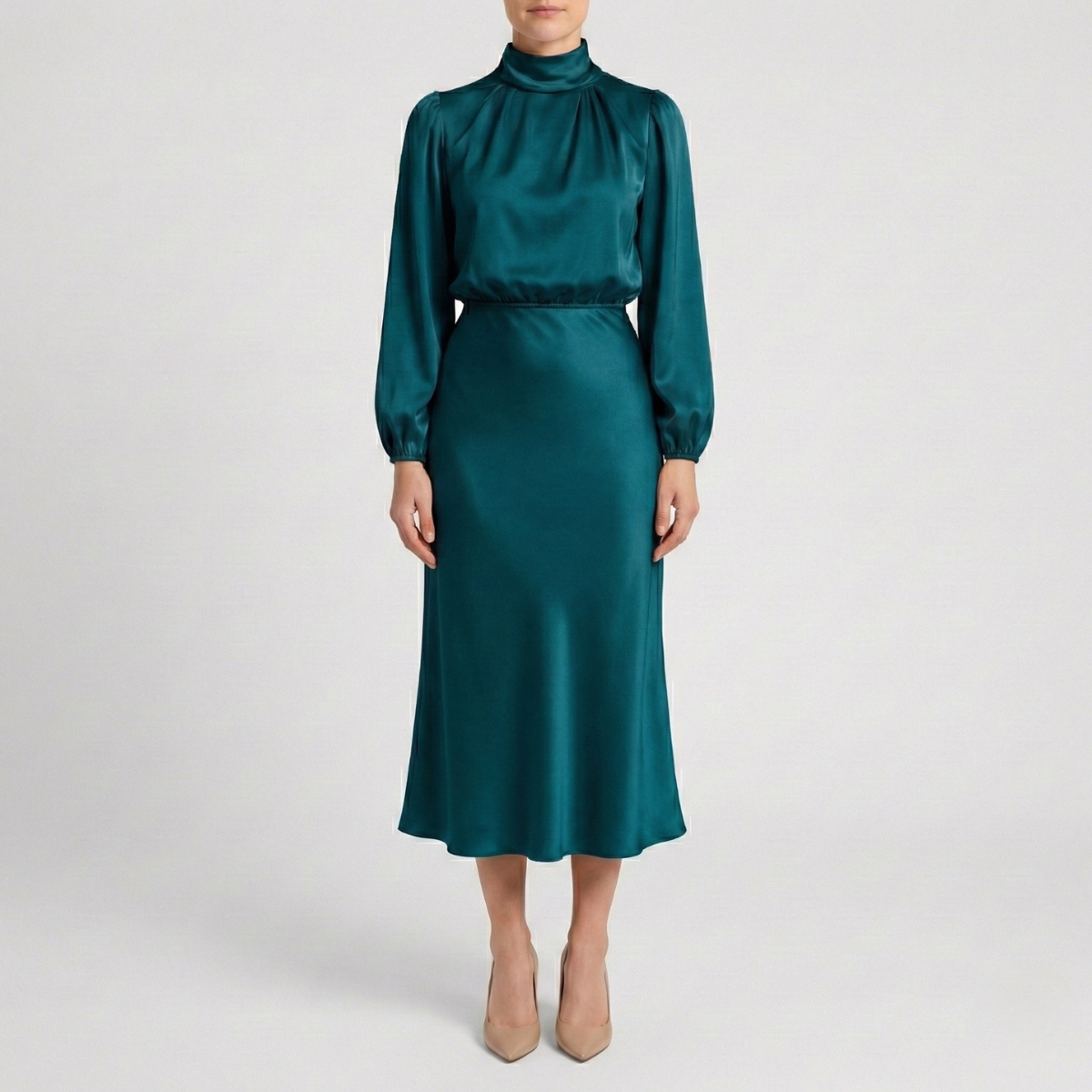 Refined Dames High Waist Midi Jurk met Lange Mouwen