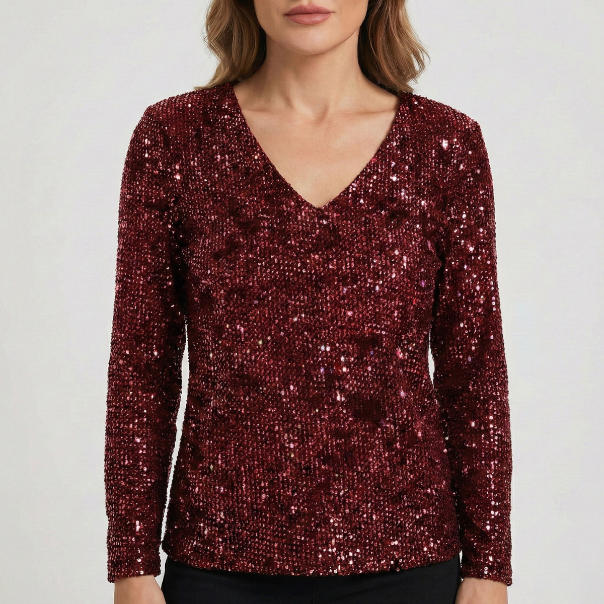 Refined Dames V-Hals Top met Lange Mouwen en Pailletten