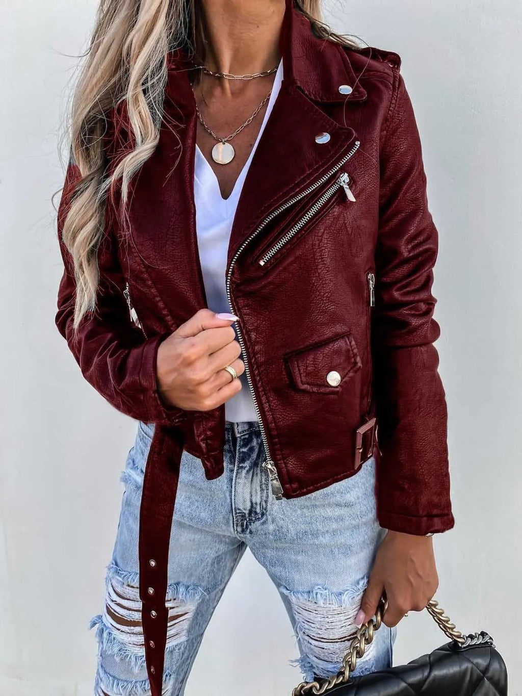 dames biker jacket met schuine rits in rood