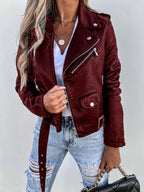 dames biker jacket met schuine rits in rood