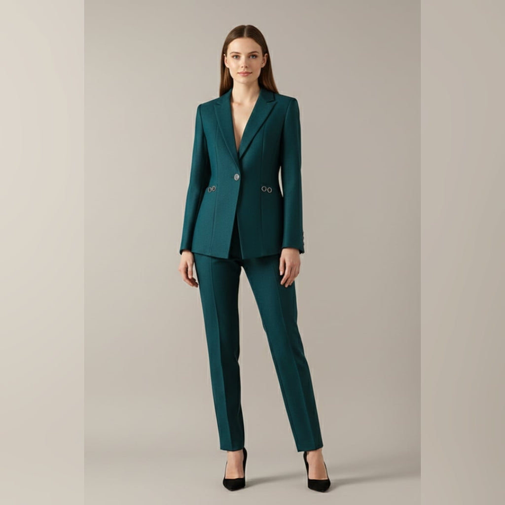 dames blazer set met rechte broek in petrol