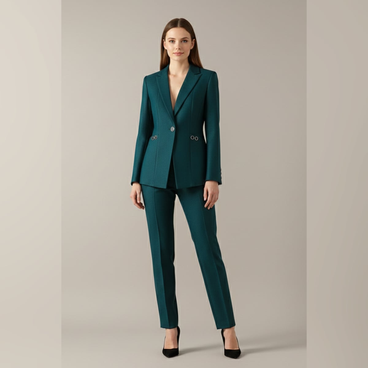 dames blazer set met rechte broek in petrol