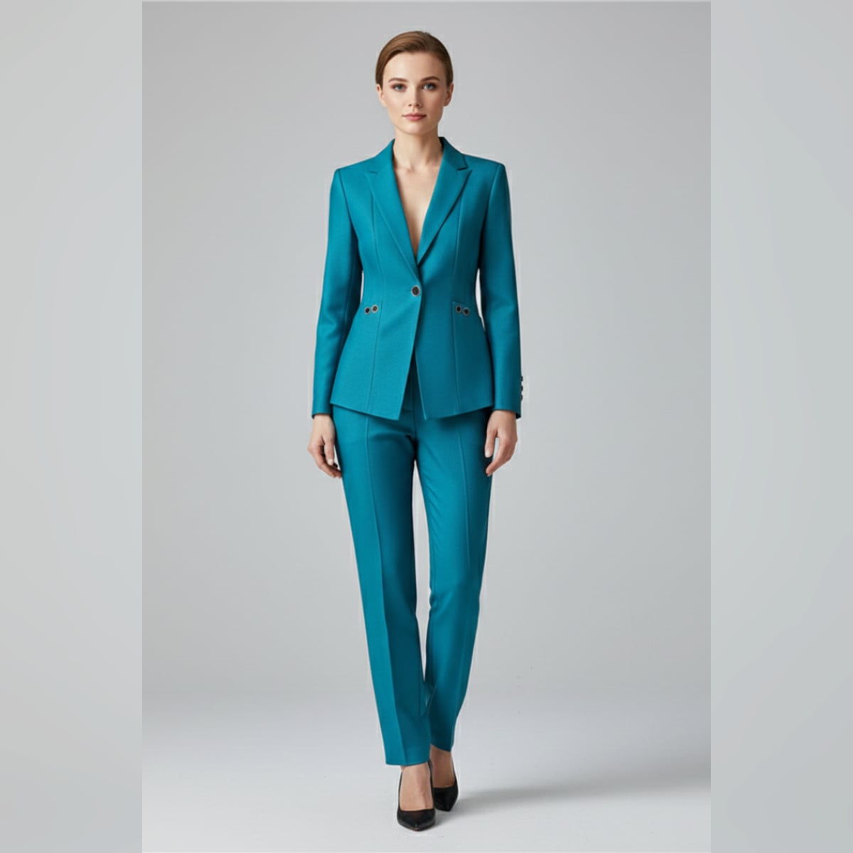 dames blazer set met rechte broek in blauw