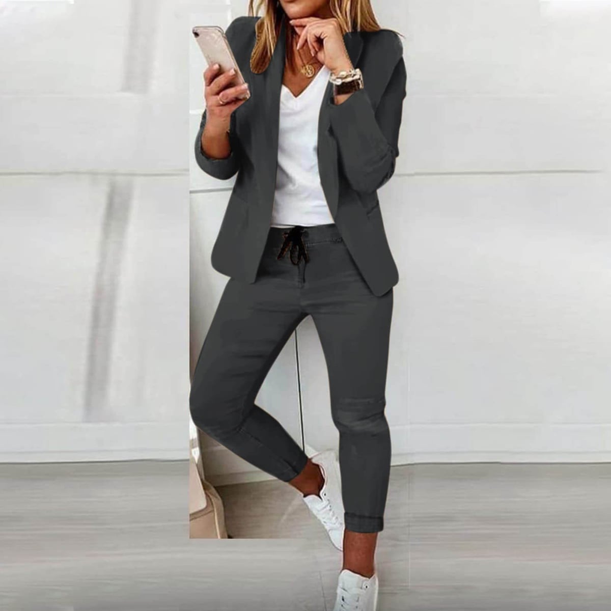 dames blazer set met toelopende broek in grijs