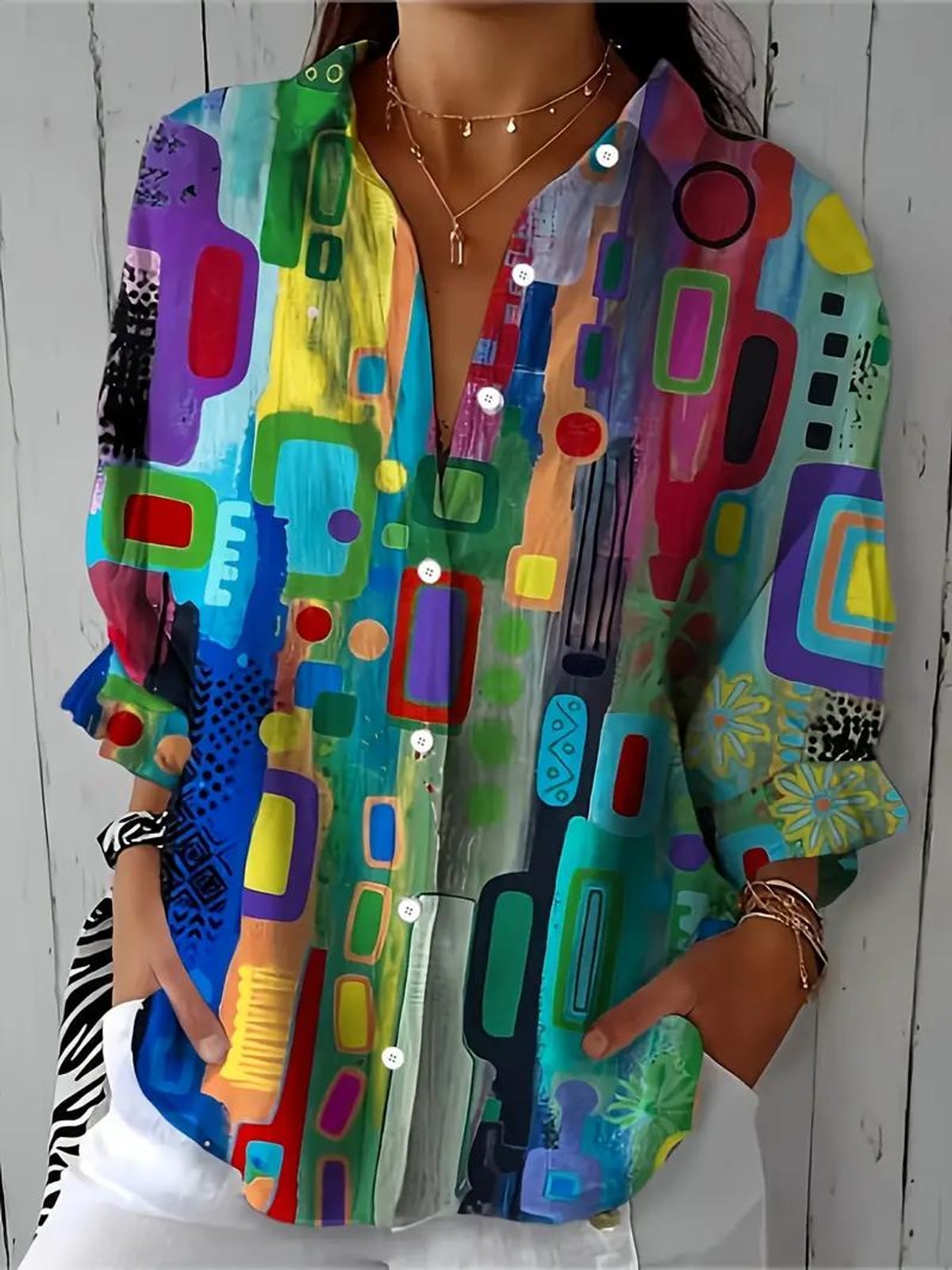 dames blouse lange mouw met grafische print in meerkleurig