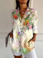 dames blouse lange mouw met grafische print in wit