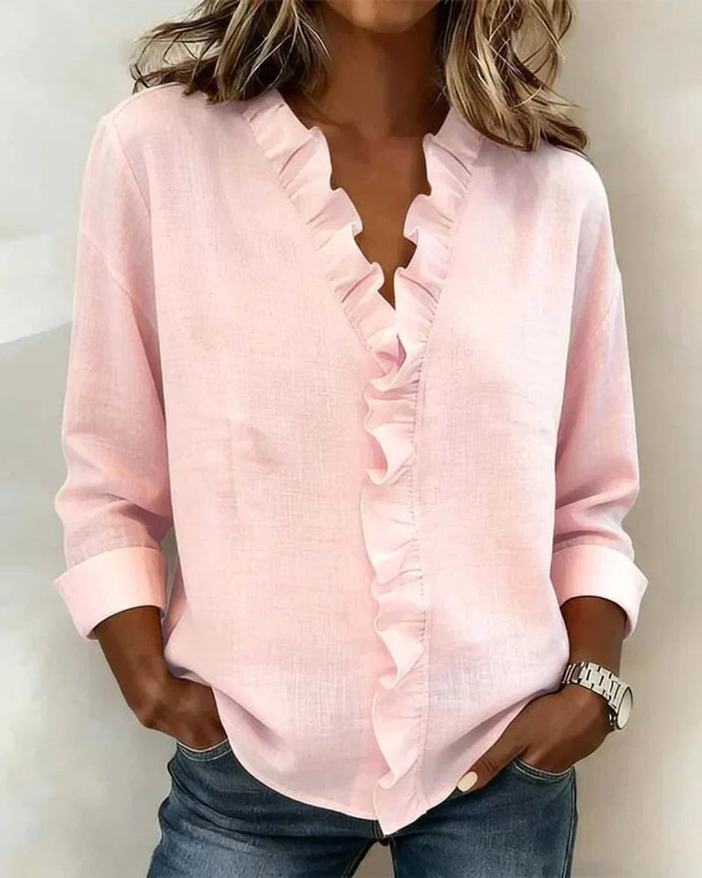 dames blouse lange mouw met ruches in roze